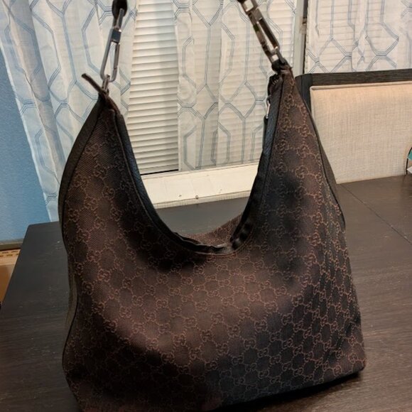 🤞LAST DROP🤞GUCCI Denim Monogram Hobo Dark Brown w/ Dust Bag - Picture 4 of 13